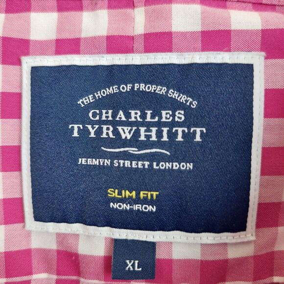 Charles Tyrwhitt Shirt Mens XL Pink Gingham Check Non Iron Slim Fit Preppy Dad - Picture 4 of 6
